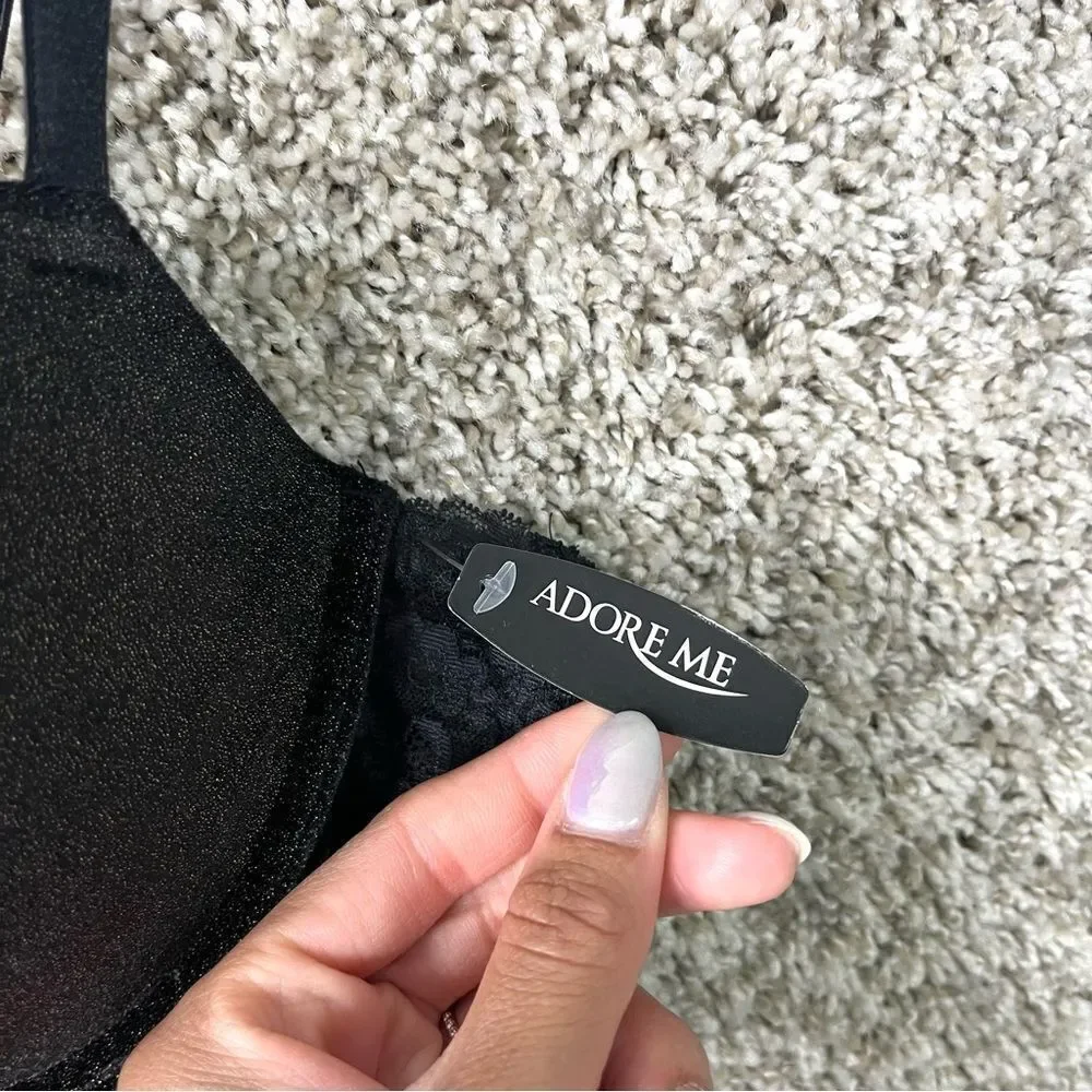 Adore Me‎ Bra Women’s 38B Black Velvet Velour and Lace Longline NWT